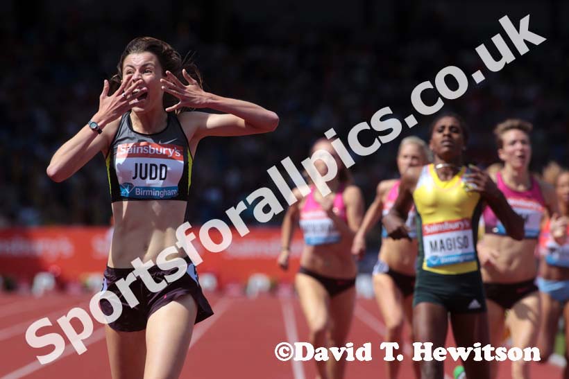 Jessica judd wins the 800 metres in the IAAF Diamond League, Birmingham.